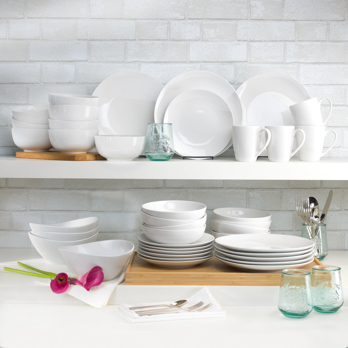White Essential 16 Piece Double Bowl Dinnerware Set, Service for 4 - Euro Ceramica