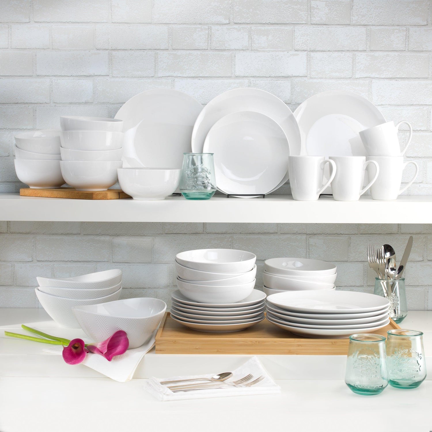White Essential 16 Piece Double Bowl Dinnerware Set, Service for 4 - Euro Ceramica