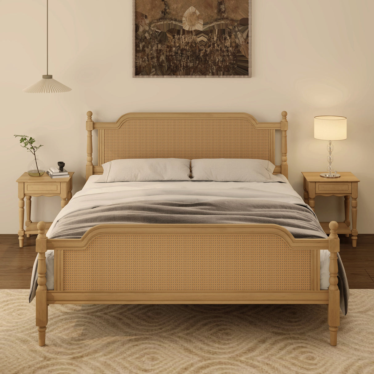 Traditional-Style-Rattan-King-Size-Bed-Frame,No-Box-Spring-Needed,Antique-Walnut-Beds-&-Bed-Frames