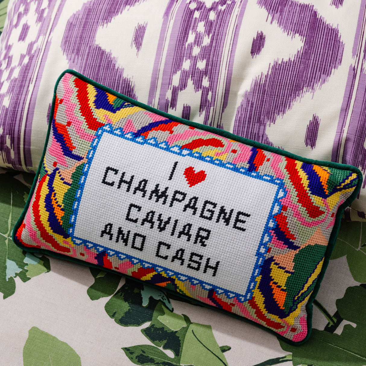 Caviar and Cash Needlepoint Pillow