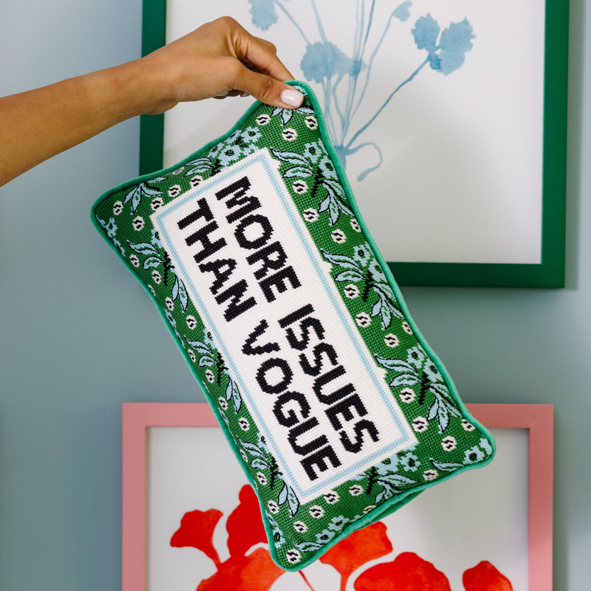 More Issues Needlepoint Pillow