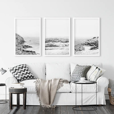 Coastal Black White Photography Set. Waves, Rocky Beach