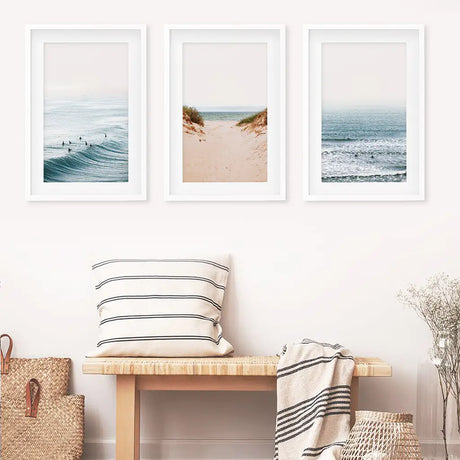 Modern Beach Set of 3 Posters. Sandy Beach, Waves, Surfers