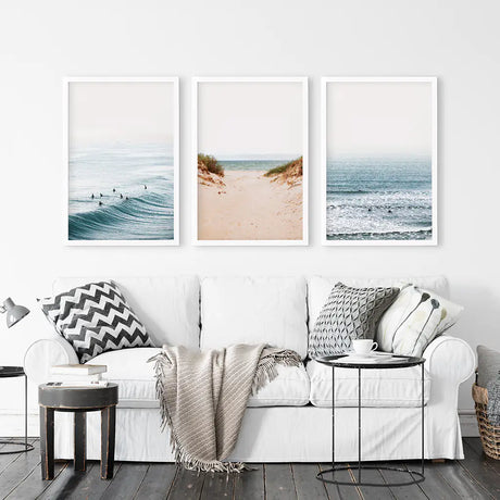 Modern Beach Set of 3 Posters. Sandy Beach, Waves, Surfers