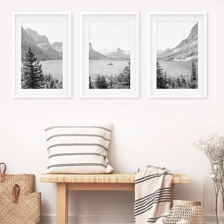 Glacier National Park. US Black White Mountain Lake Prints