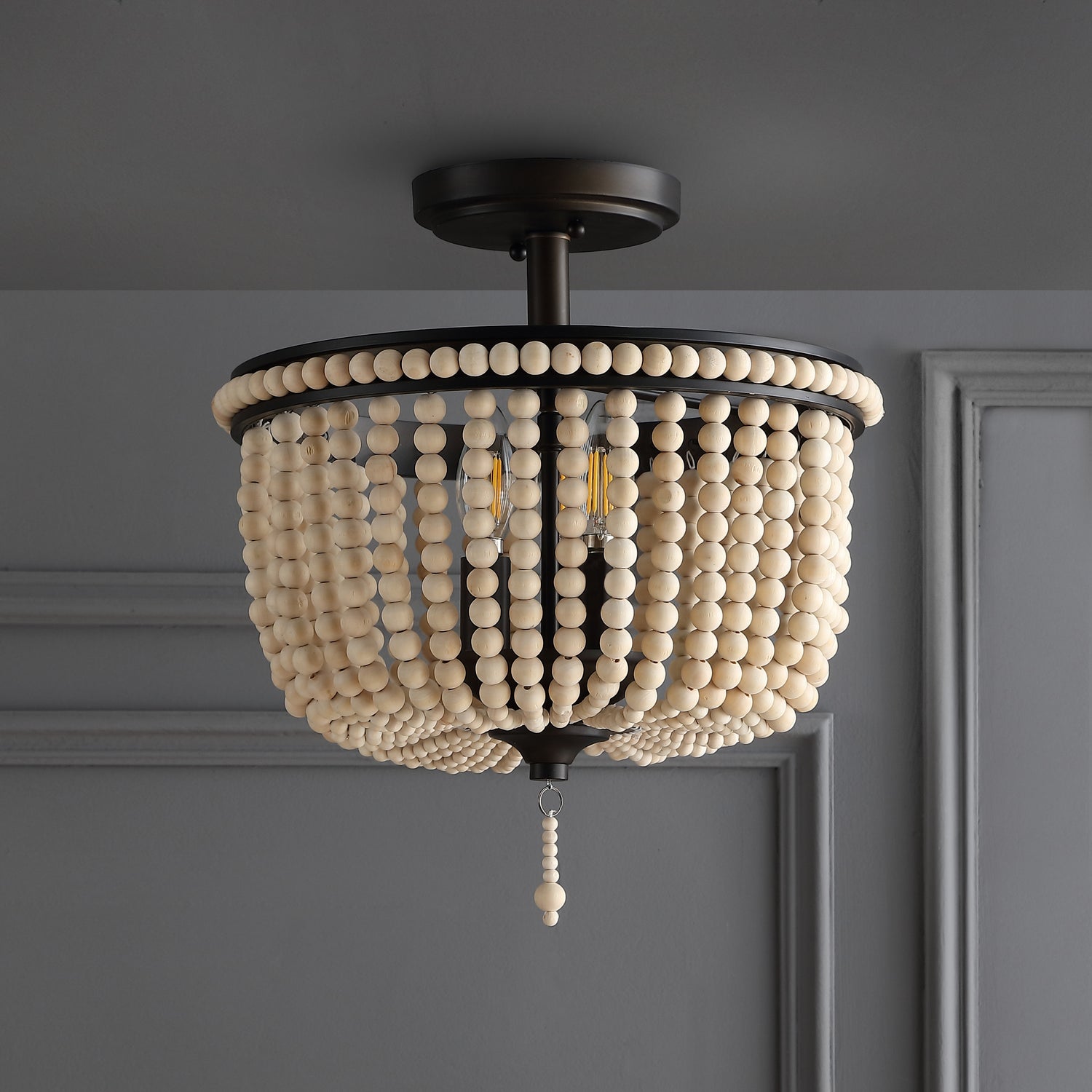 Wood-Beaded/Metal-LED-Flush-Mount-Ceiling-Light