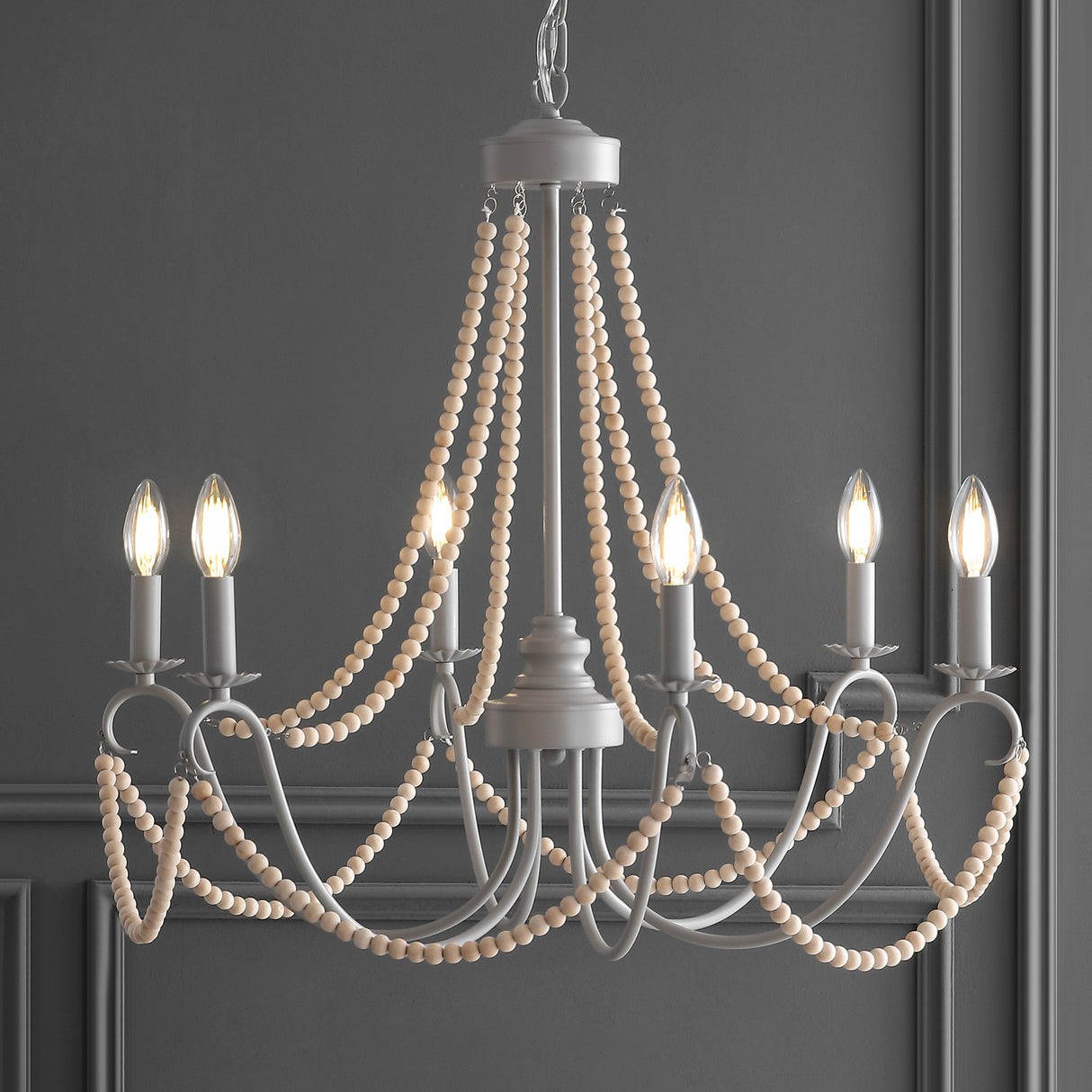 Adjustable-Greige-Metal/Wood-Bead-LED-Chandelier-Chandelier