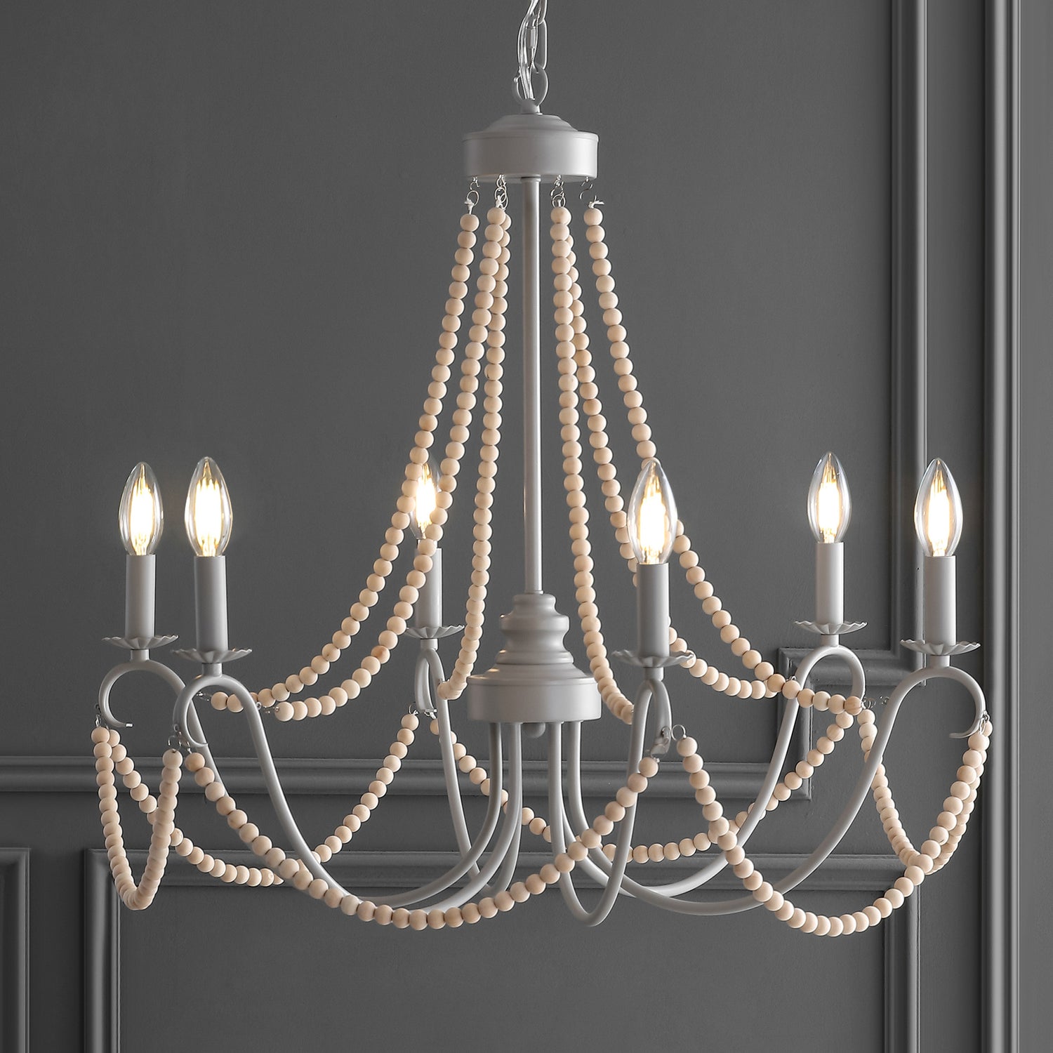 Adjustable-Greige-Metal/Wood-Bead-LED-Chandelier-Chandelier