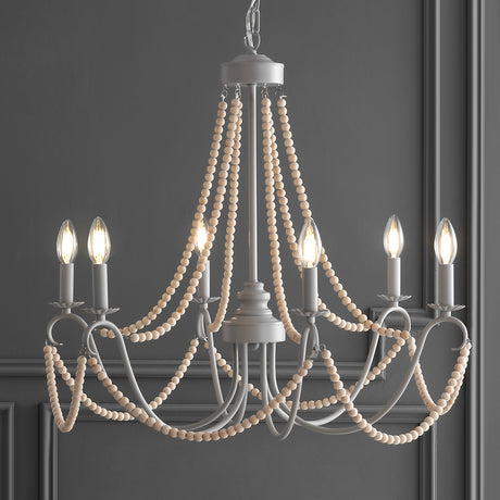 Adjustable-Greige-Metal/Wood-Bead-LED-Chandelier-Chandelier