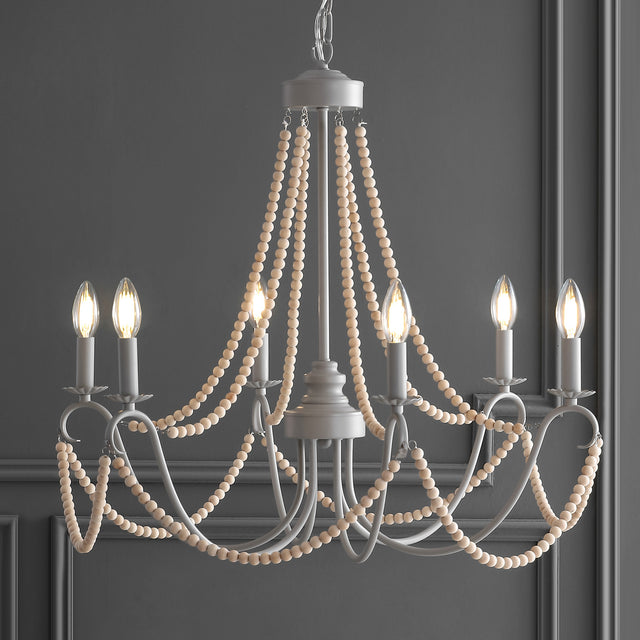 Adjustable-Greige-Metal/Wood-Bead-LED-Chandelier-Chandelier