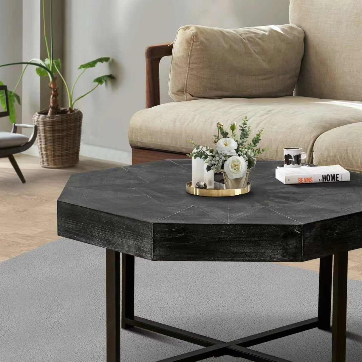 Wood-octagonal-vintage-patchwork-craft-farmhouse-coffee-table-(antique-black)-Accent-Tables