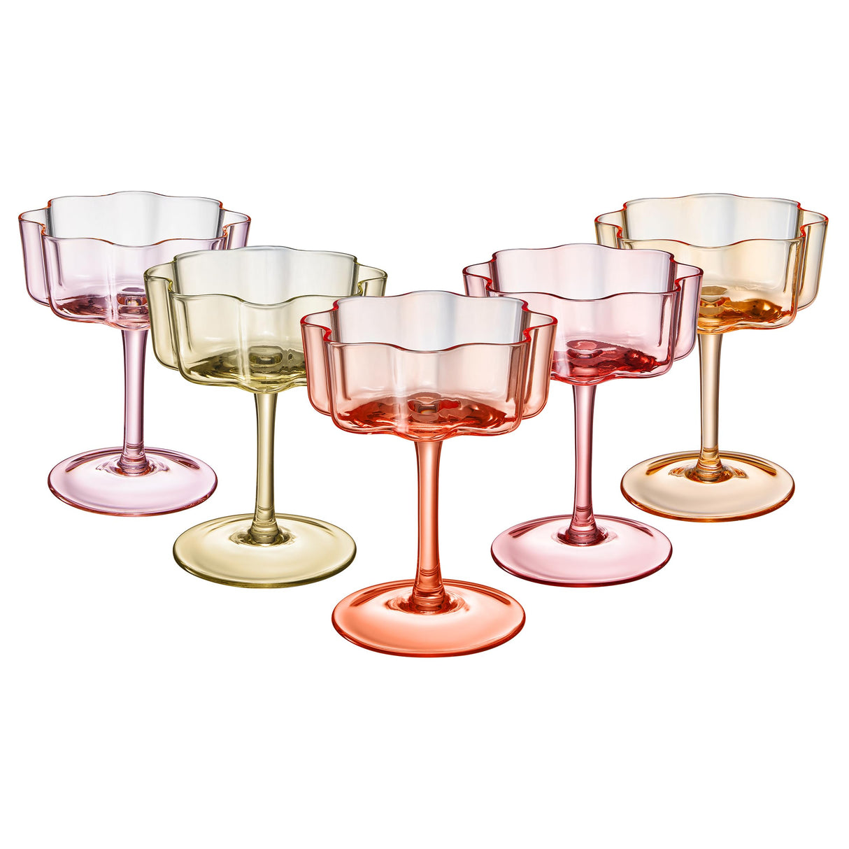 Flower Wave Coupe Cocktail Colored Glasses | Set of 5 | Fall/Holiday Colors