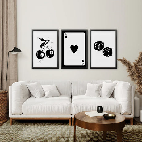 Set of Three Piece Playing Cards Black and White Decor