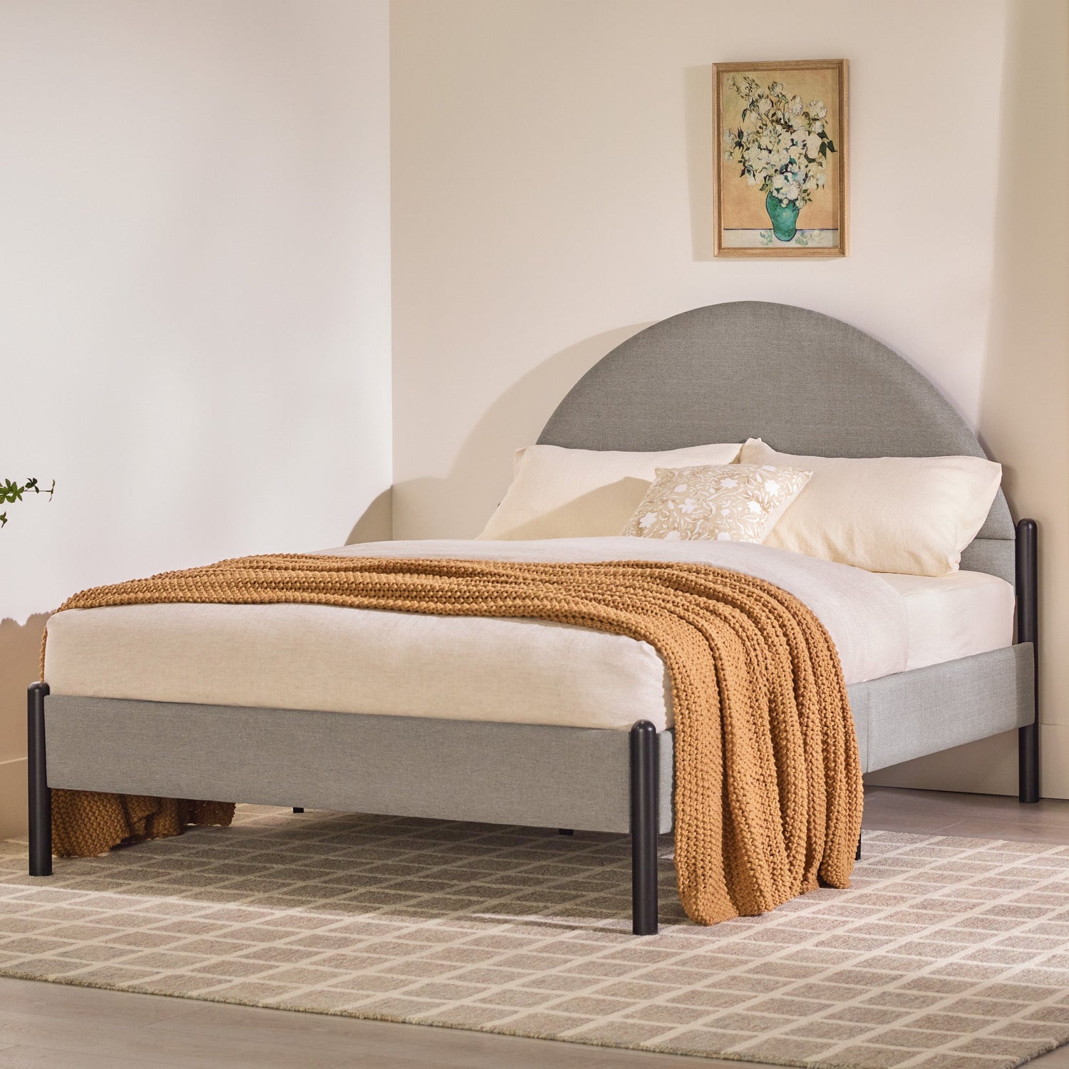 Modern upholstered curved headboard queen bedframe – grey