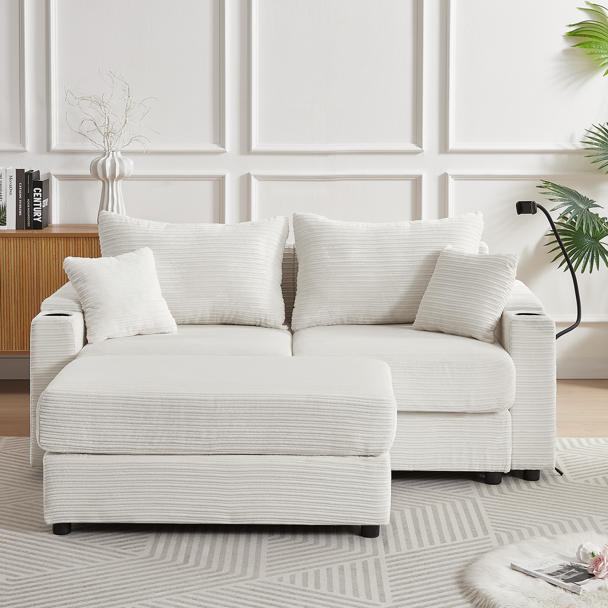 Isabelle Corduroy Modular L-Shaped Sofa with Integrated Charging, Storage, and Ottoman