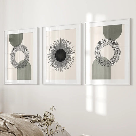 Set of 3 Boho Prints. Sage Green Modern Mid Century Wall Art.
