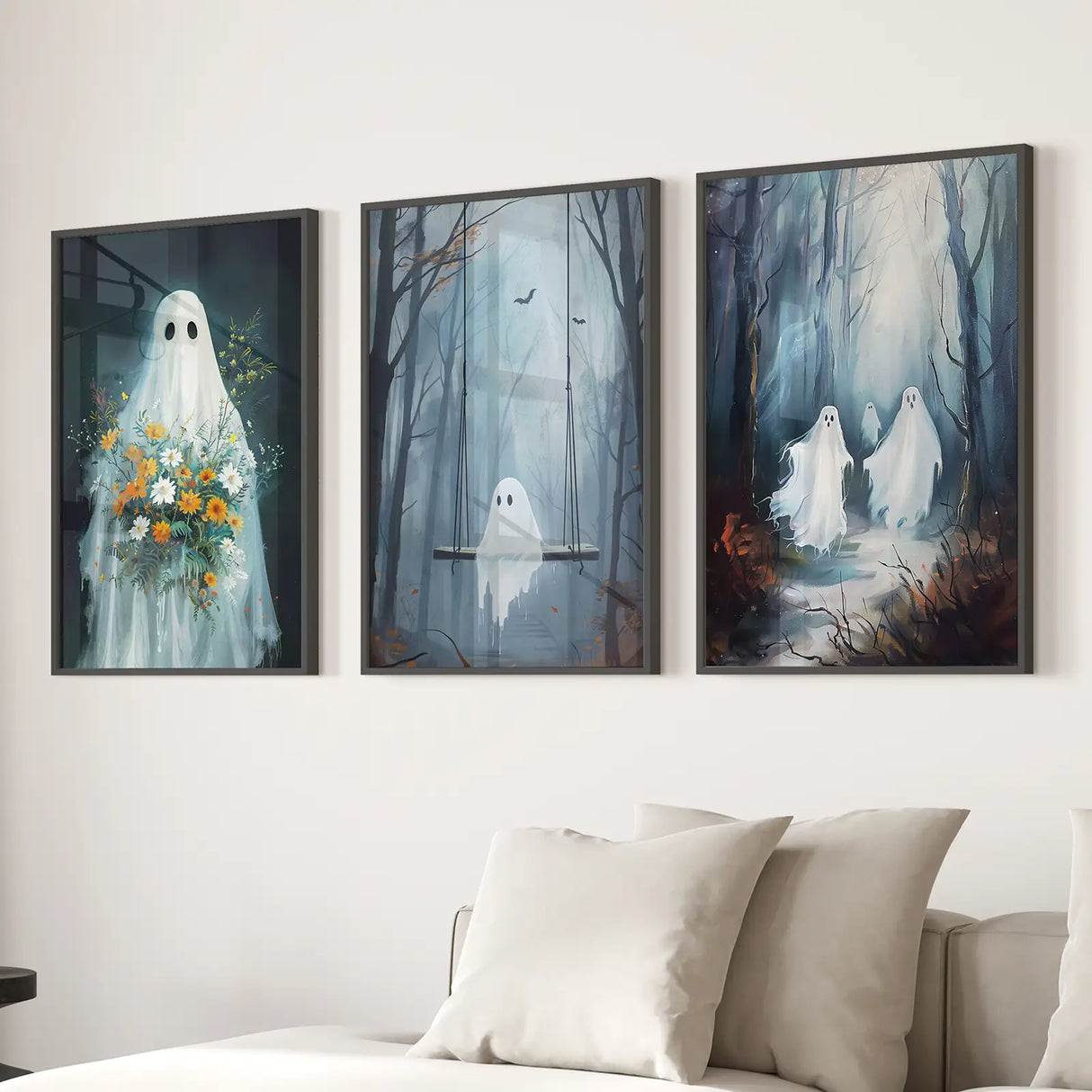 Cute Ghosts Halloween Art Print Gothic Decor Set