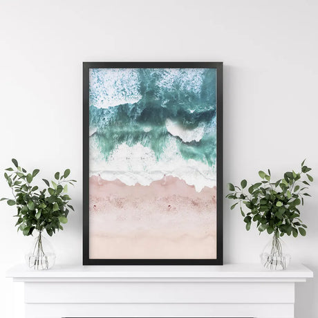 Aerial Coastal Ocean Wall Decor. Pink Beach, Blue Waves