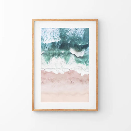 Aerial Coastal Ocean Wall Decor. Pink Beach, Blue Waves
