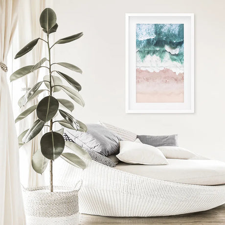 Aerial Coastal Ocean Wall Decor. Pink Beach, Blue Waves