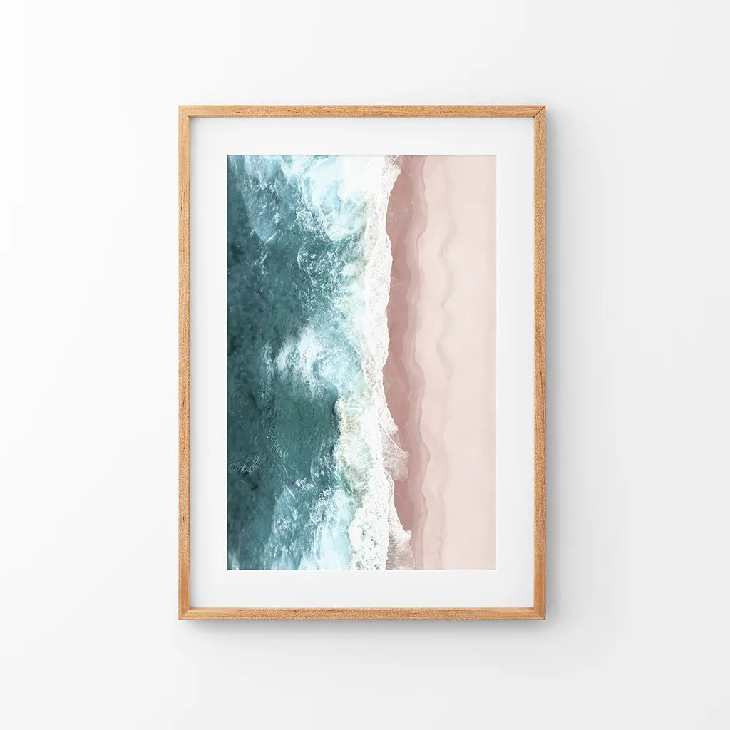 Ocean Aerial Print. Neutral Pink Beach, Blue Waves