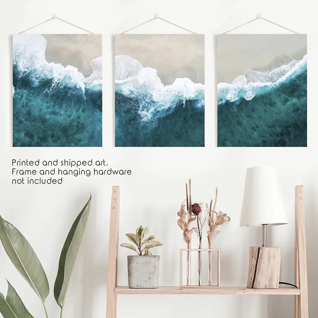 Turquoise Wave on the Sandy Beach Prints. Aerial Photography