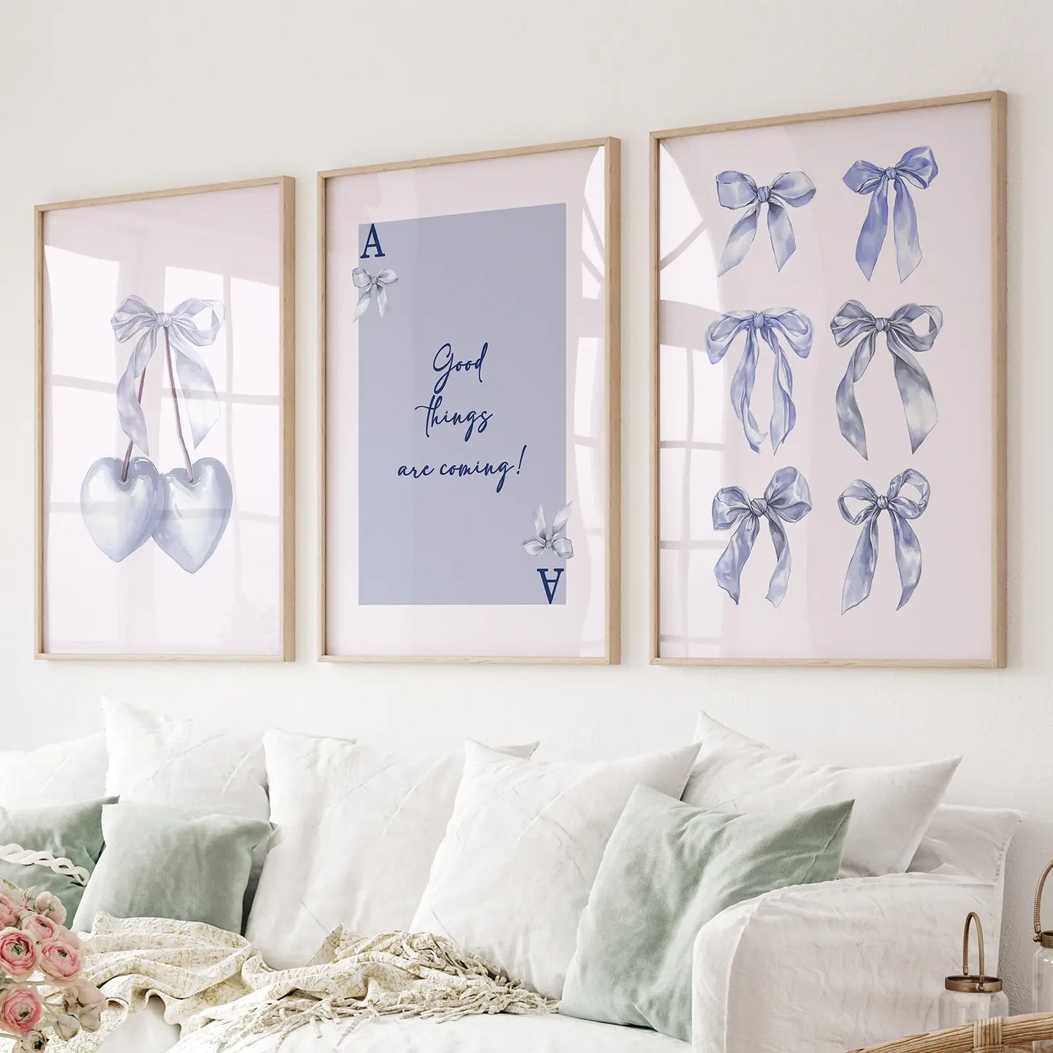 Trendy Blue Bows Preppy Poster Girly Decor Art Set