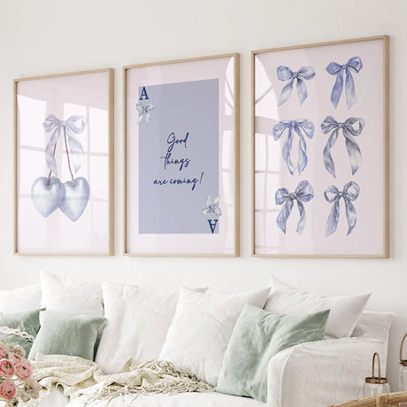 Trendy Blue Bows Preppy Poster Girly Decor Art Set