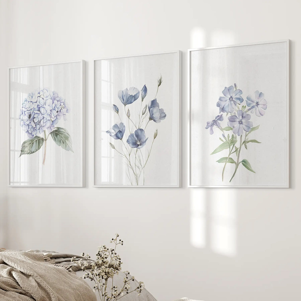 Watercolor Blue Flowers.Wall Art Set of 3 Piece