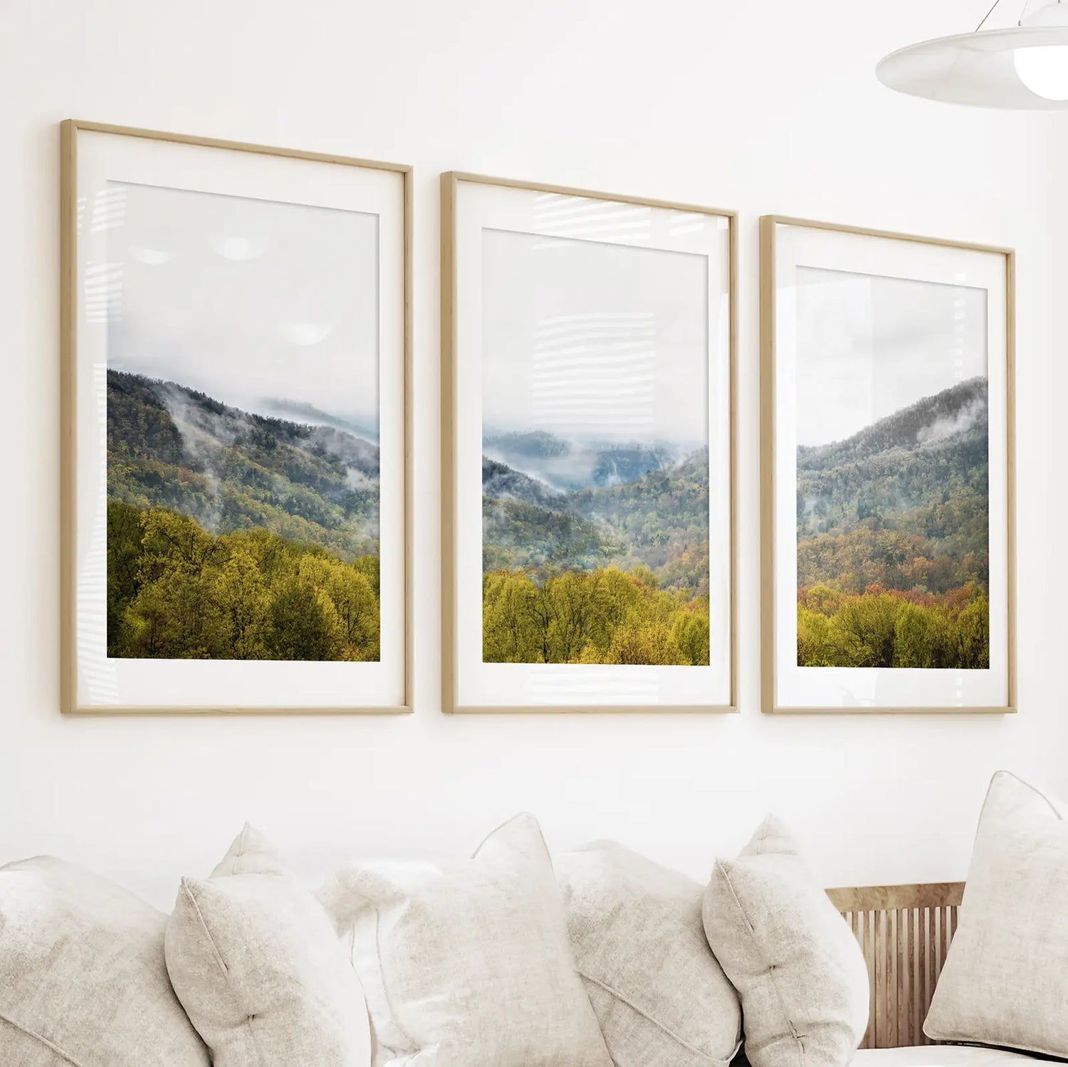 Foggy Mountains and Green Forest. Photo Triptych