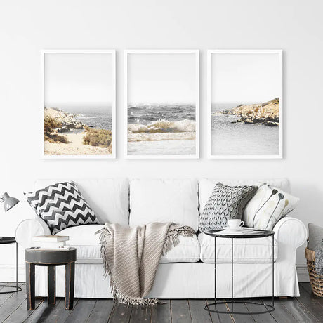 3 Piece Beige Ocean Beach Decor. Gray Waves with Rocks Wall Art