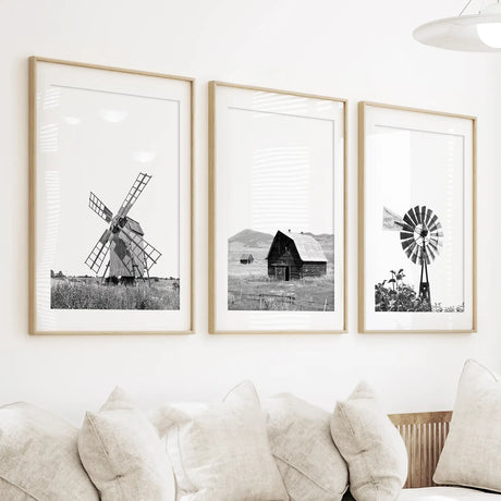 Black White Set of 3 Farm Style Prints. Windmill, Barn, Vane
