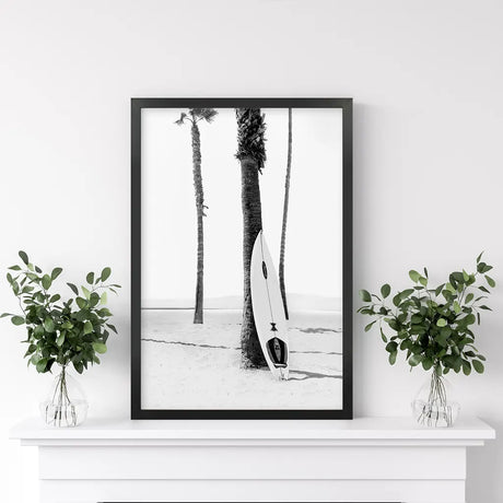 Black White Boho Summer Poster. Surfboard, Palm Trees