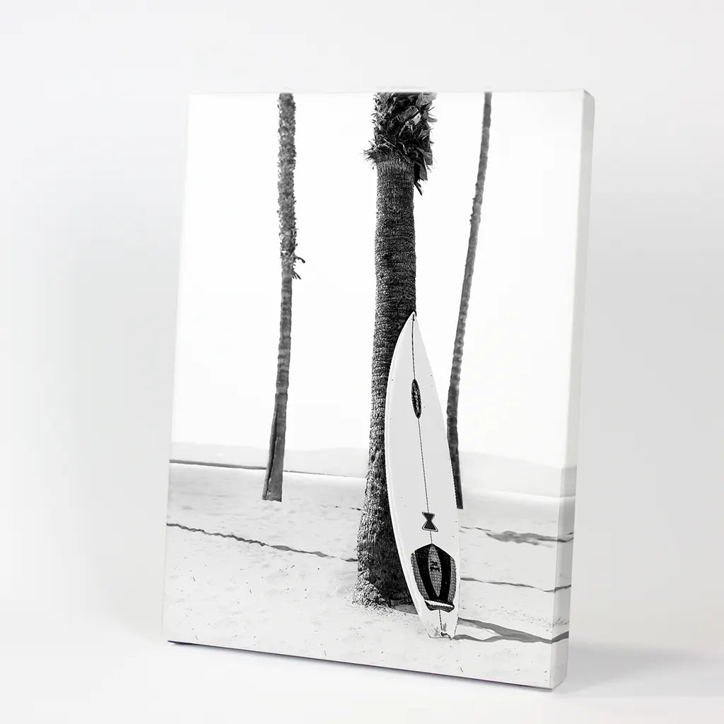 Black White Boho Summer Poster. Surfboard, Palm Trees