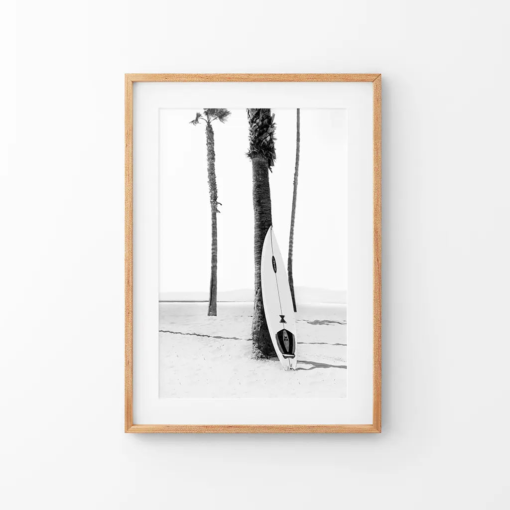 Black White Boho Summer Poster. Surfboard, Palm Trees