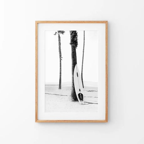 Black White Boho Summer Poster. Surfboard, Palm Trees