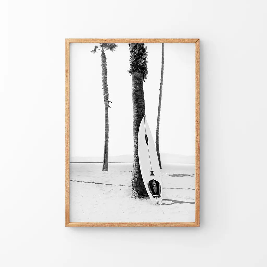 Black White Boho Summer Poster. Surfboard, Palm Trees