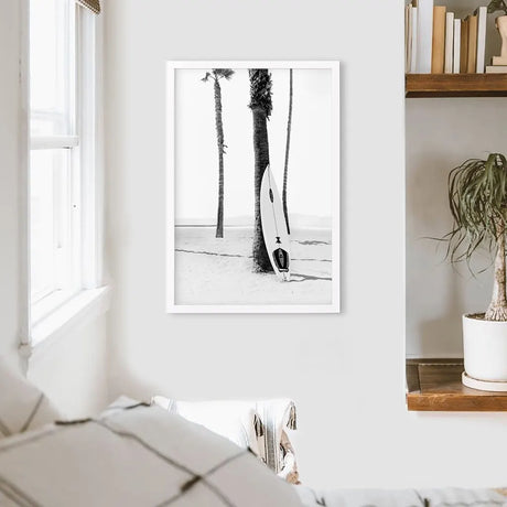 Black White Boho Summer Poster. Surfboard, Palm Trees