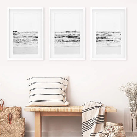 Black White Minimalist Beach Wave Wall Art. 3 Piece Decor