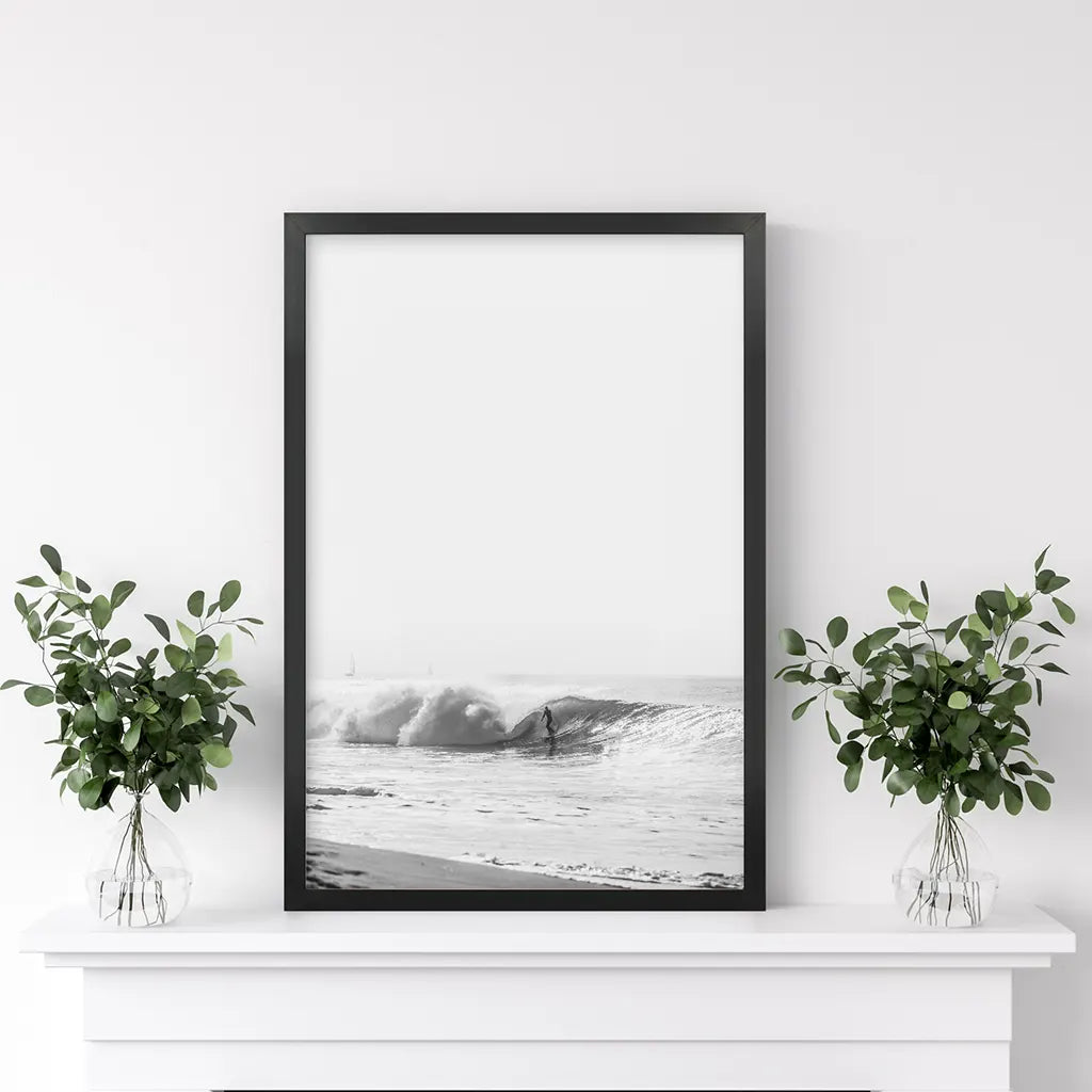 Black White Boho Tropical Wall Decor. Surfer, Waves