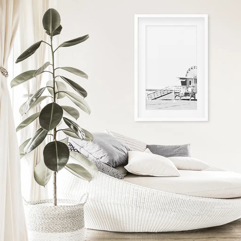 Black White California Poster. Ferris Wheel, Lifeguard Hut
