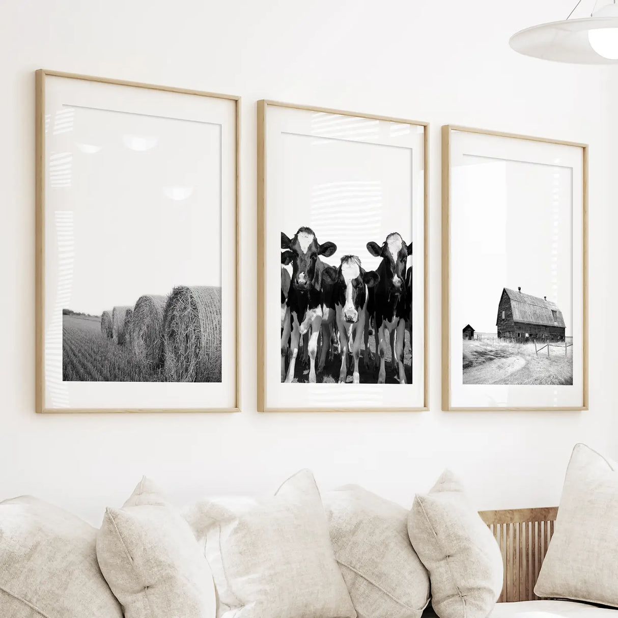 Black White Harvest on a Farm Wall Art. Cow, Hay Bale, Barn