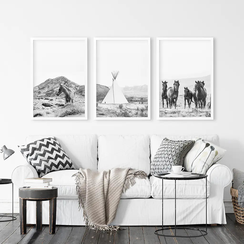 Black White Western Wall Art Set. Desert, Horses, Tepee