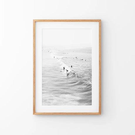 Black White Surfers on the Waves Wall Art Print