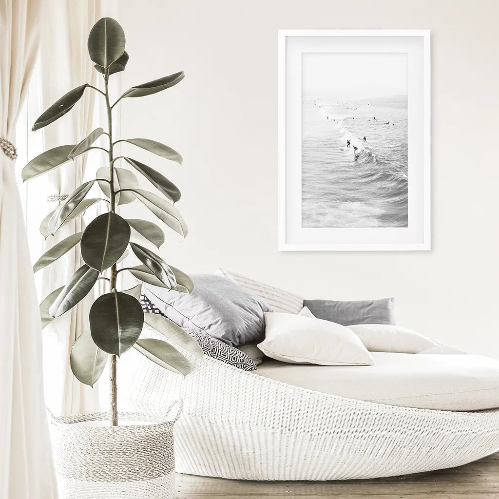 Black White Surfers on the Waves Wall Art Print