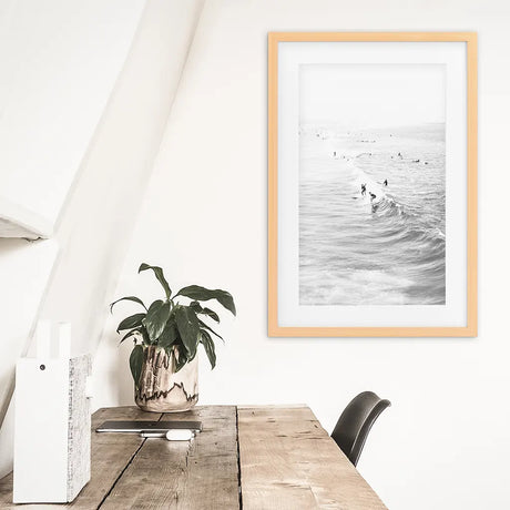 Black White Surfers on the Waves Wall Art Print