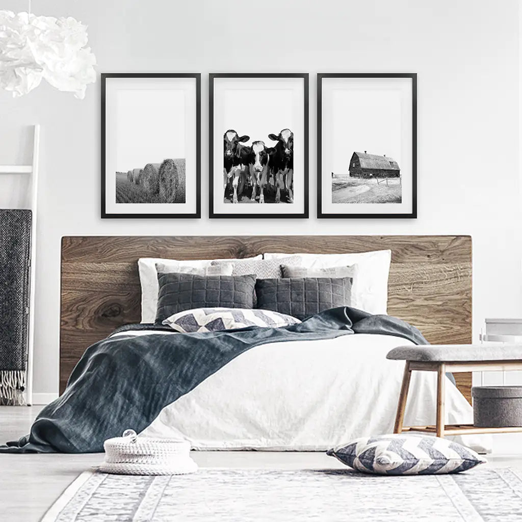 Black White Harvest on a Farm Wall Art. Cow, Hay Bale, Barn