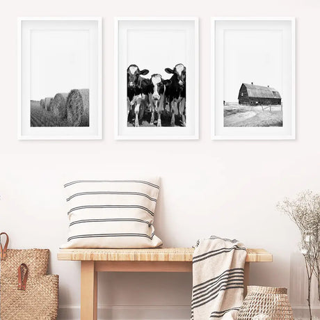 Black White Harvest on a Farm Wall Art. Cow, Hay Bale, Barn