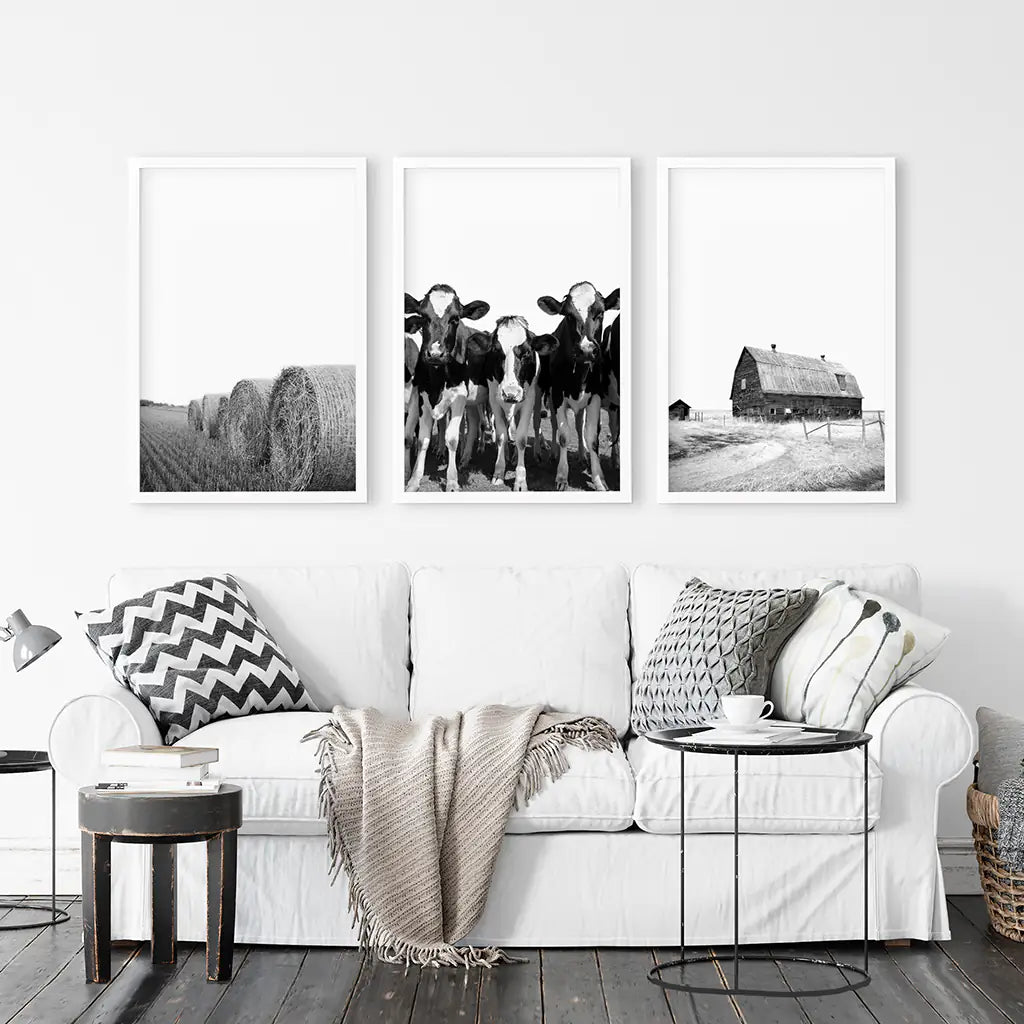 Black White Harvest on a Farm Wall Art. Cow, Hay Bale, Barn