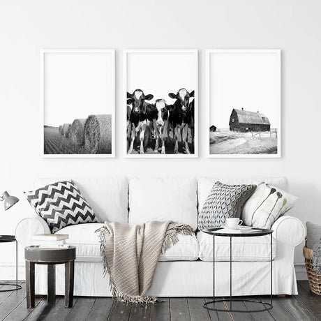Black White Harvest on a Farm Wall Art. Cow, Hay Bale, Barn